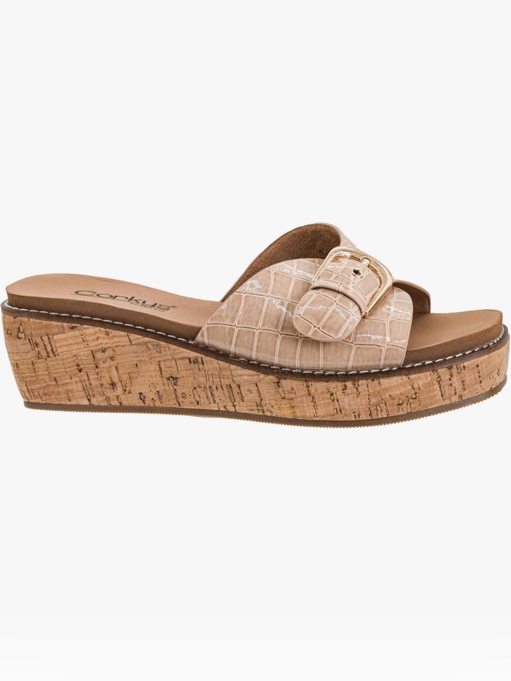 Corkys Croc-Embossed Tan Reality Wedge Slide with Gold Buckle size 10